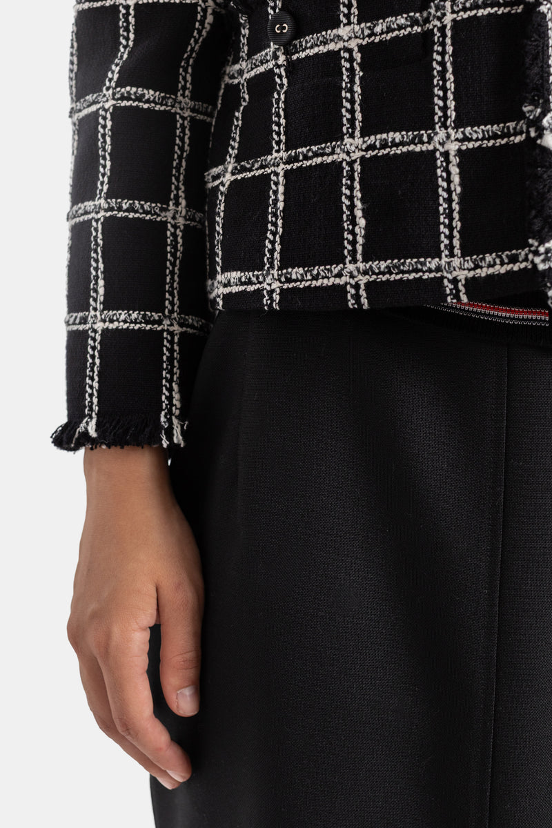 Thom Browne détail ourlet effiloché veste tweed carreaux poignet manche jupe droite noire assortie
