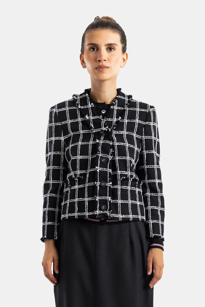 Thom Browne veste cardigan tweed carreaux noir blanc col rond coupe courte structurée manches longues