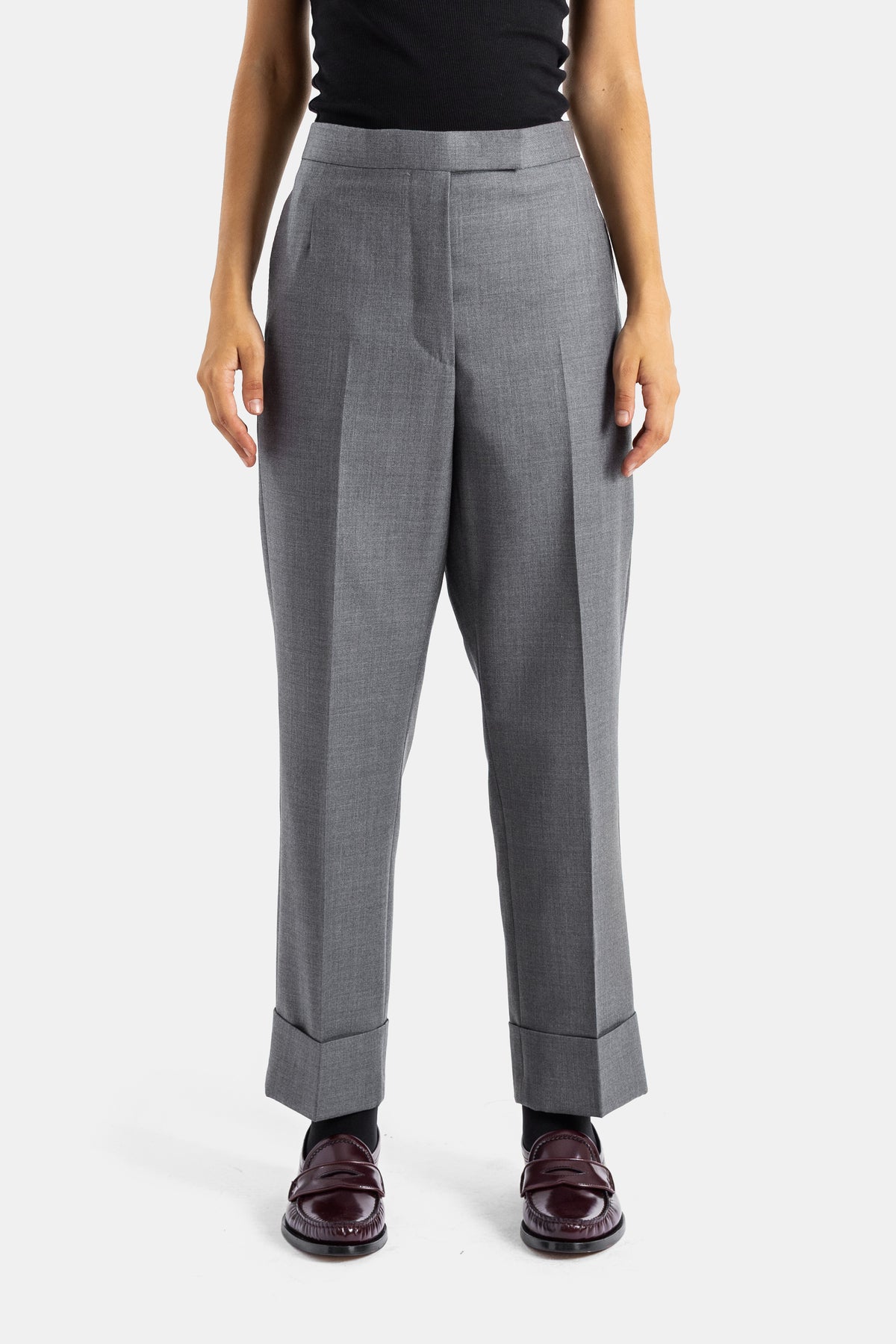 Thom Browne pantalon droit taille haute à plis en twill Super 120's gris avec revers de jambe
